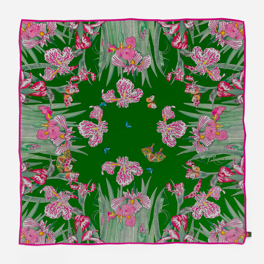 Foulard Japanese flowers emerald green