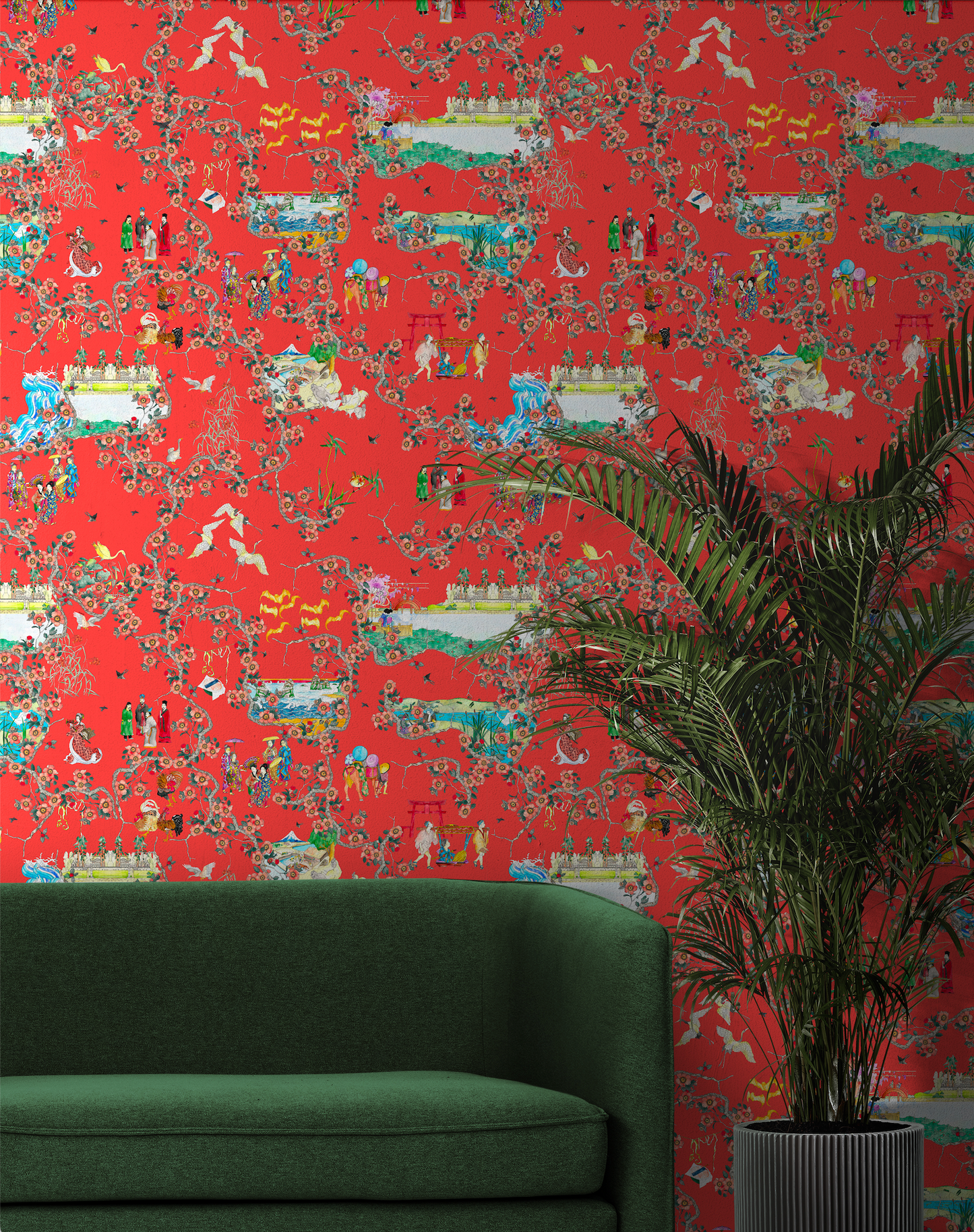 Wallpaper roll Toile de Jouy coral