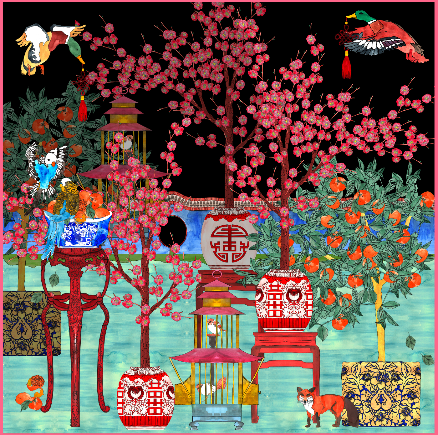 Big Foulard Chinoiserie Garden Black